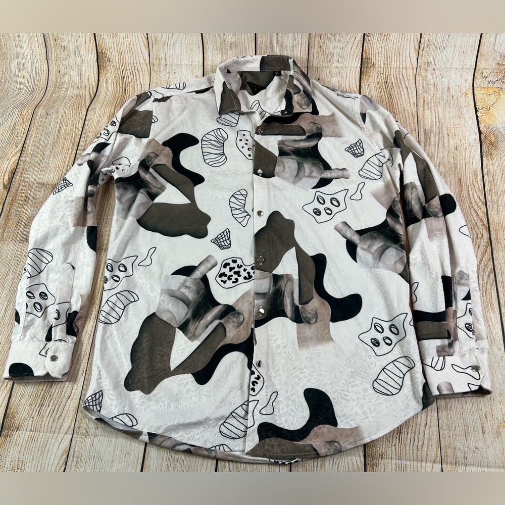 Mens Almaty Button Dress Shirt Abstract Minimalist Art Design Neutral Colors XL